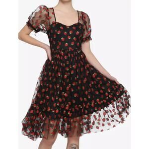 Hot Topic Black Dress with Red Strawberry Pattern
